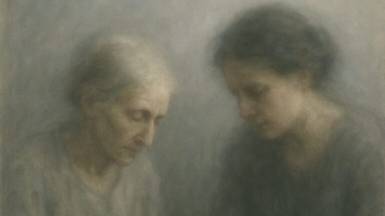 A frail older woman and a younger woman sitting closely together, in shared sadness.
