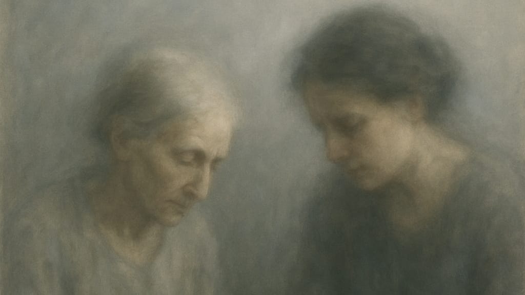 A frail older woman and a younger woman sitting closely together, in shared sadness.